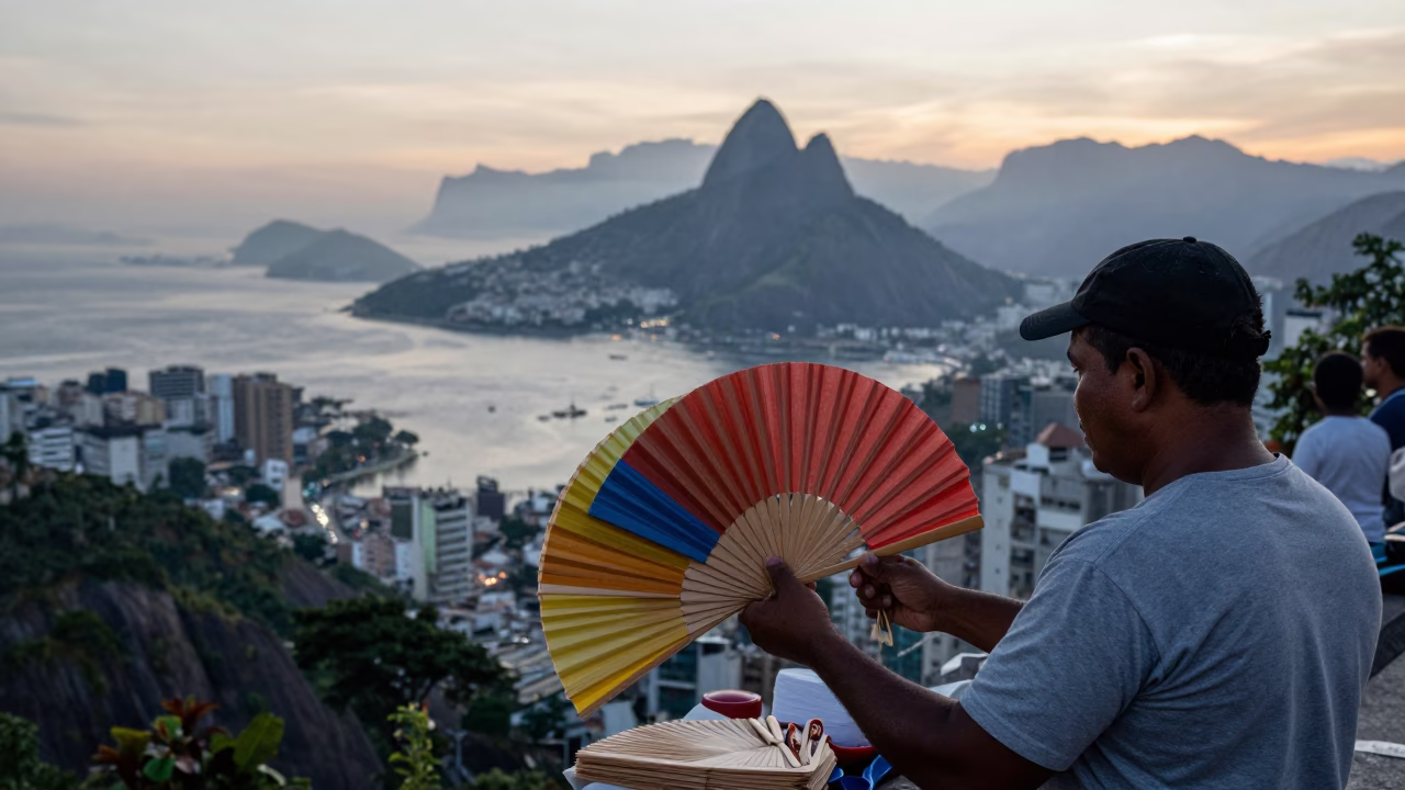 Rio de Janeiro street vendor selling paper fans before sunrise with glass tiles in in Rio de Janeiro, Brazil