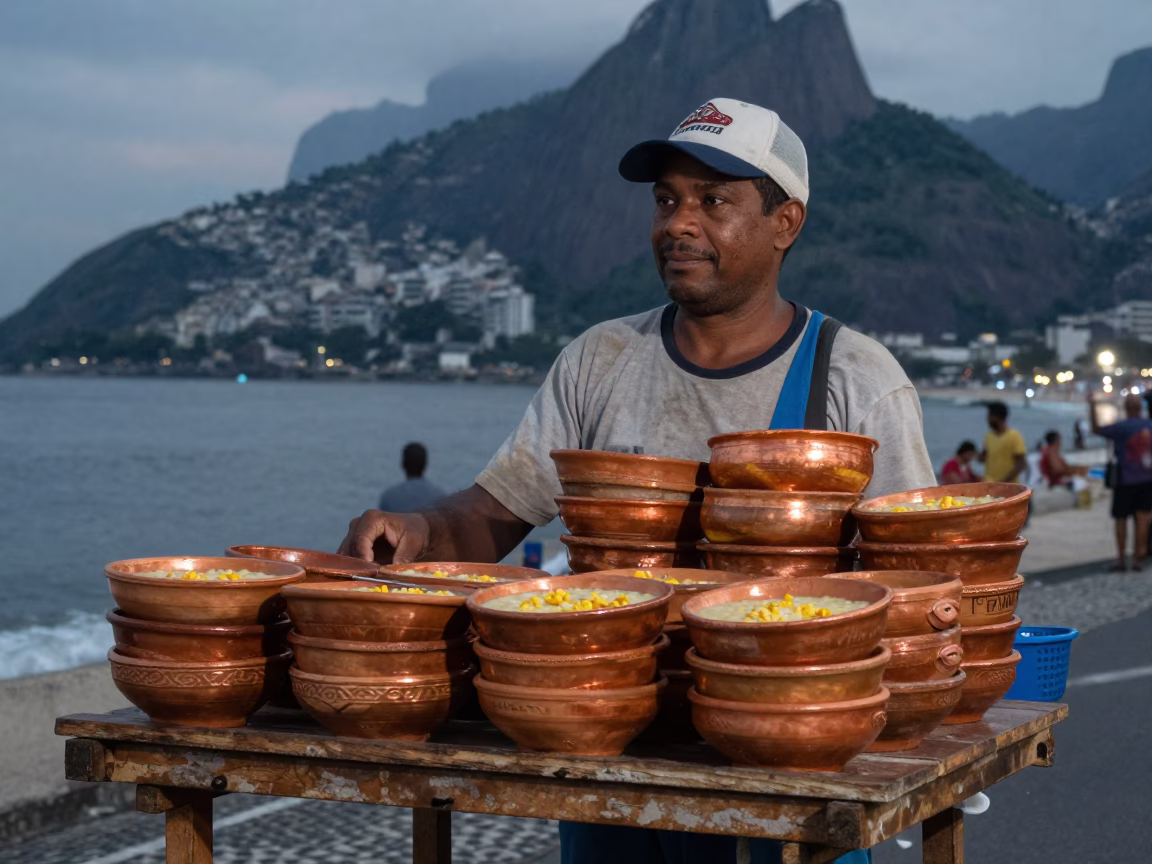 Rio de Janeiro Street Vendor Selling Terracotta Bowls in Copper Toned Dusk Light in in Rio de Janeiro, Brazil