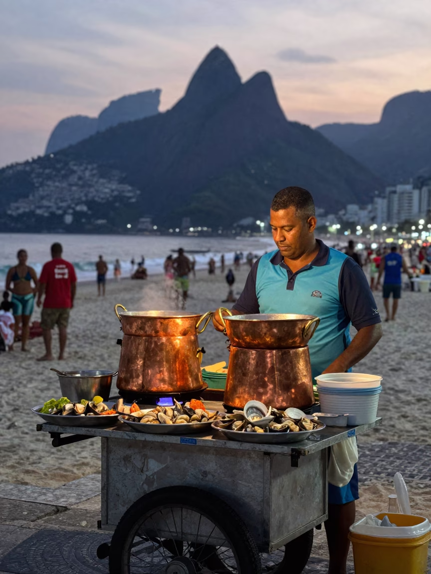 Rio de Janeiro street vendor twilight copper pots serving fresh seafood near Copacabana boardwalk in in Rio de Janeiro, Brazil