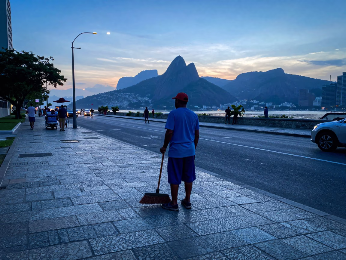 Rio de Janeiro street vendor with broom before sunrise in cool stillness in in Rio de Janeiro, Brazil