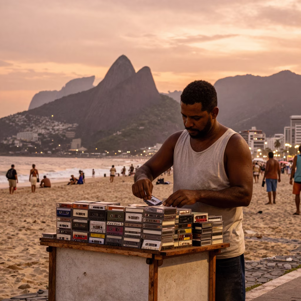 Rio de Janeiro Street Vendor with Cassette Tapes Under Copper Dusk Light in in Rio de Janeiro, Brazil