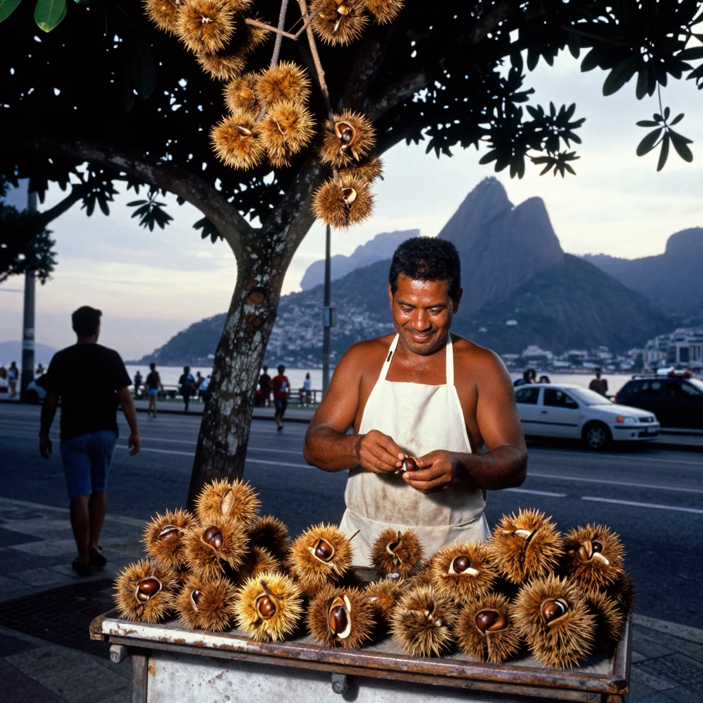 Rio de Janeiro street vendor with chestnut tree and spiky husks at nautical dawn in in Rio de Janeiro, Brazil