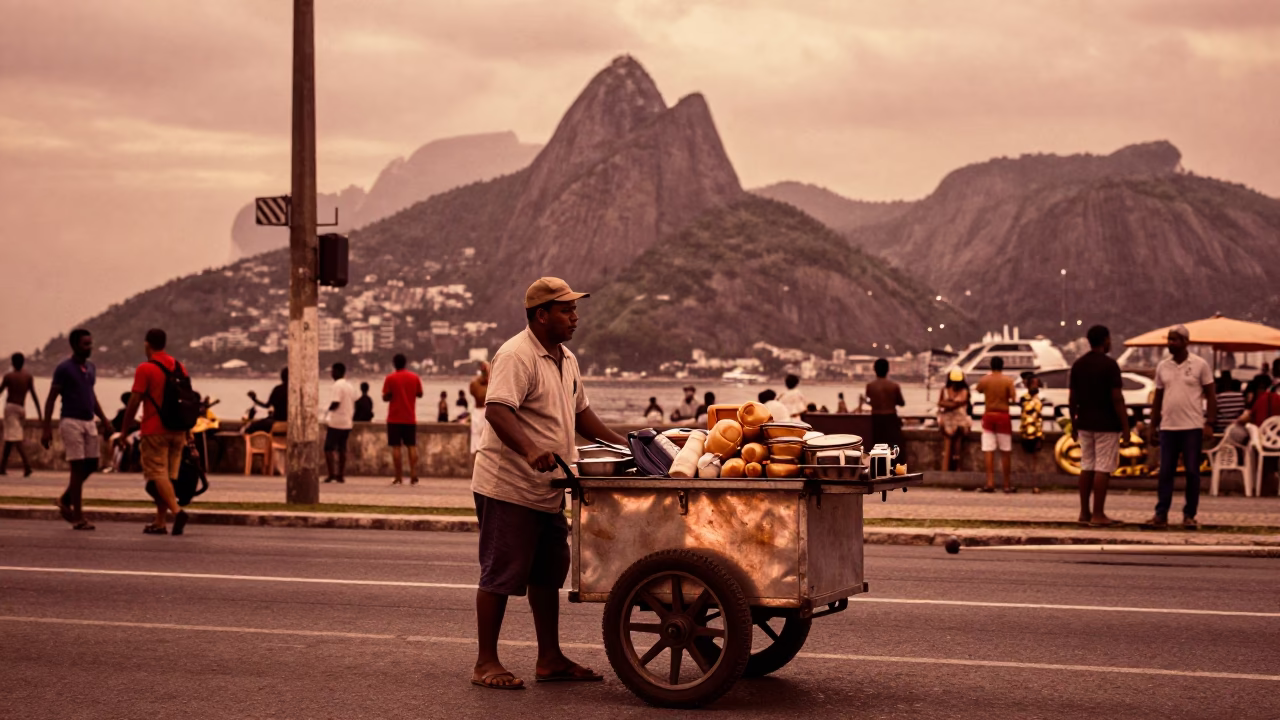 Rio De Janeiro Street Vendor With Rolling Cart In Copper Dusk Light in in Rio de Janeiro, Brazil