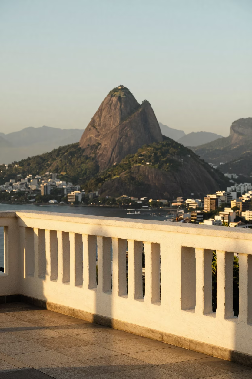 Rio De Janeiro Sugarloaf Mountain From Copacabana Balcony at Golden Hour in in Rio de Janeiro, Brazil