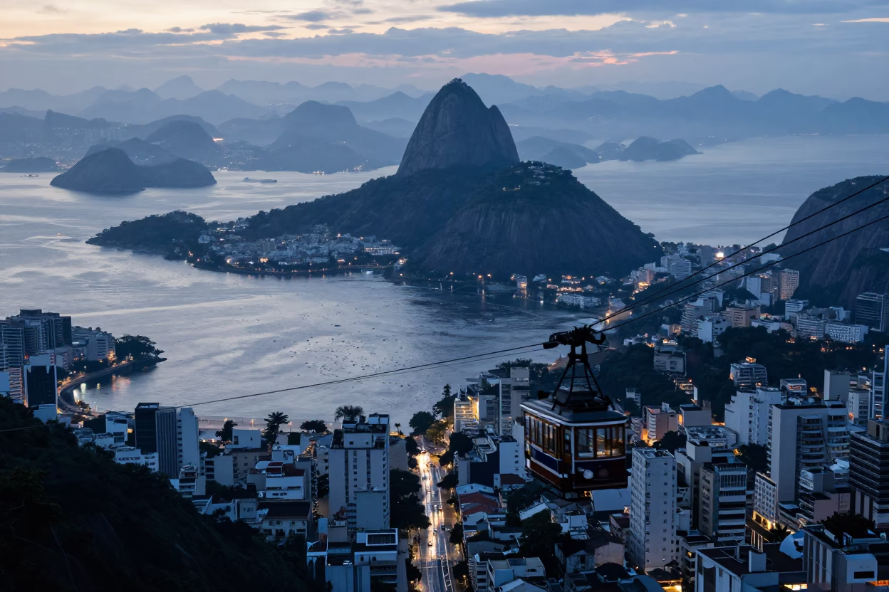 Rio de Janeiro Sunrise Cable Car View Over Urban Landscape in in Rio de Janeiro, Brazil