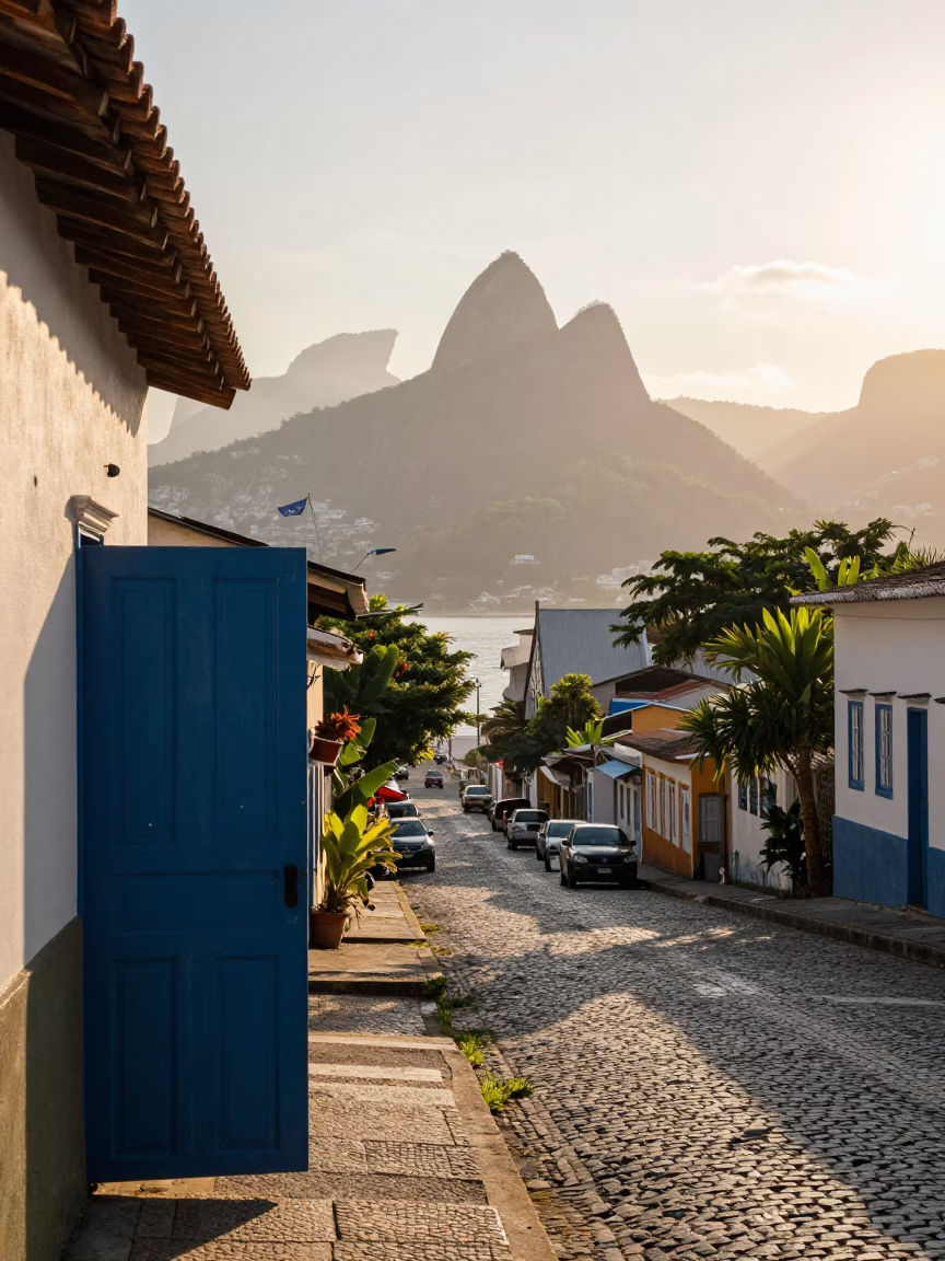 Rio de Janeiro Sunrise Street Scene with Latch Detail and Houseplants in in Rio de Janeiro, Brazil