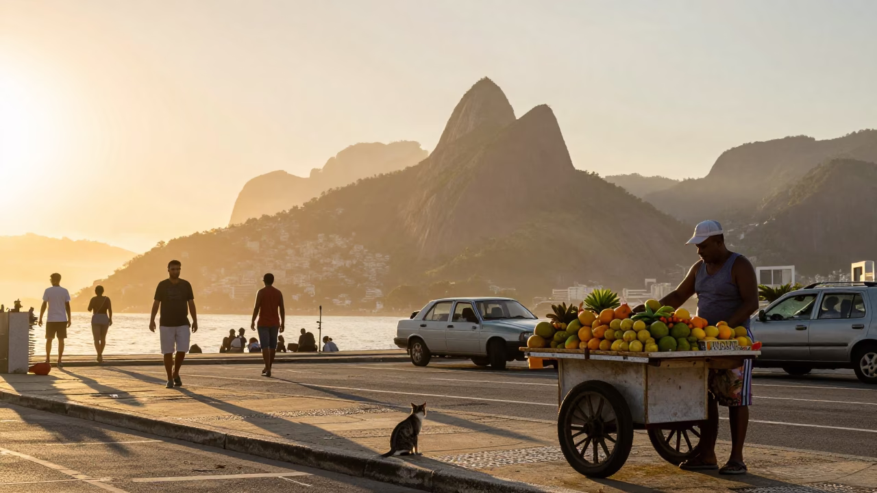 Rio de Janeiro Sunrise Street Scene with Local Vendor and Cat in in Rio de Janeiro, Brazil