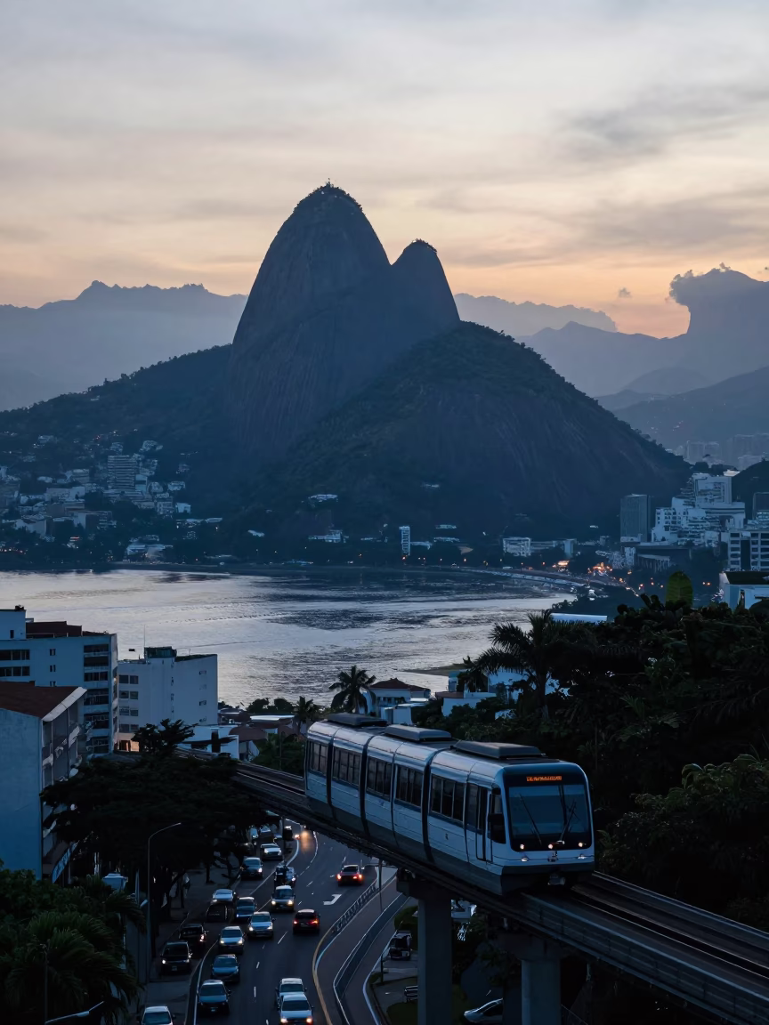 Rio de Janeiro Sunrise Street Scene with Monorail and Coastal Urban Life in in Rio de Janeiro, Brazil