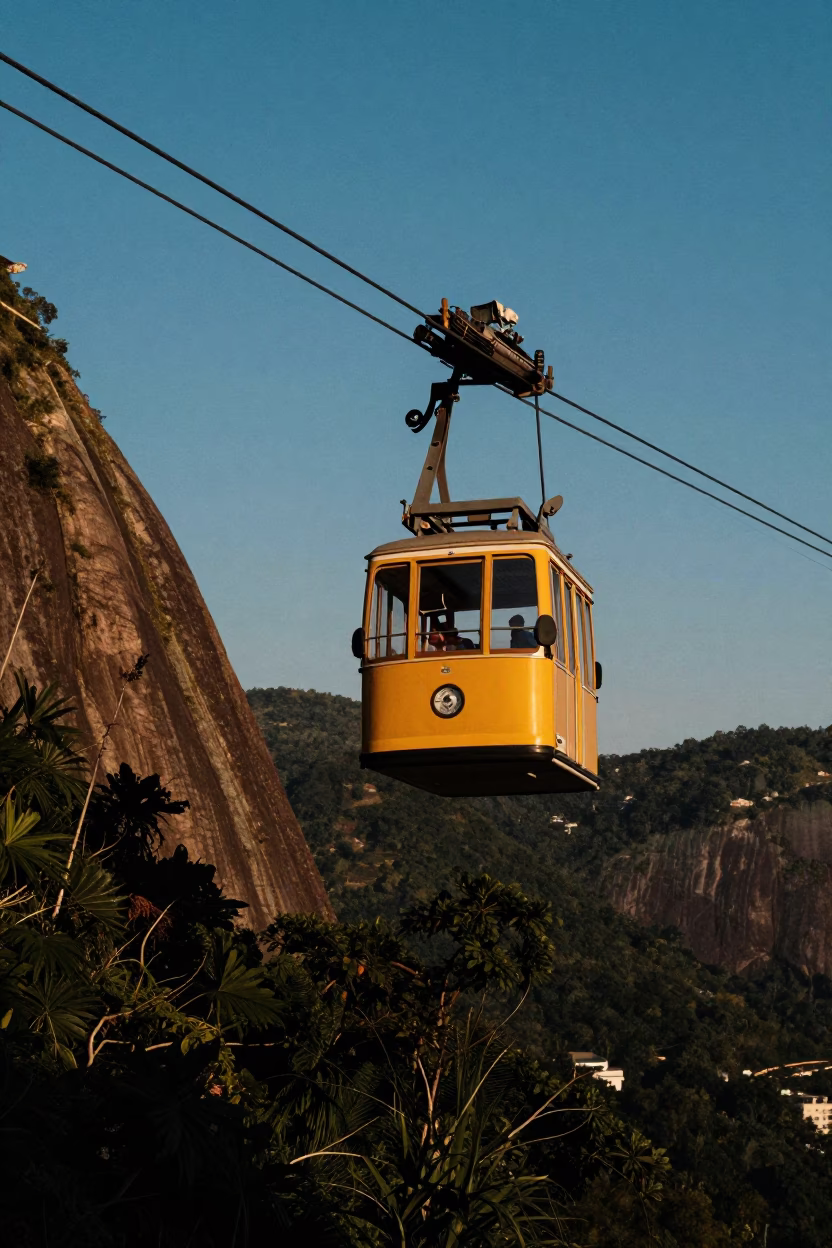 Rio de Janeiro Sunset Cable Car Crossing Sugarloaf Mountain Gorge in Honeyed Evening Light in in Rio de Janeiro, Brazil
