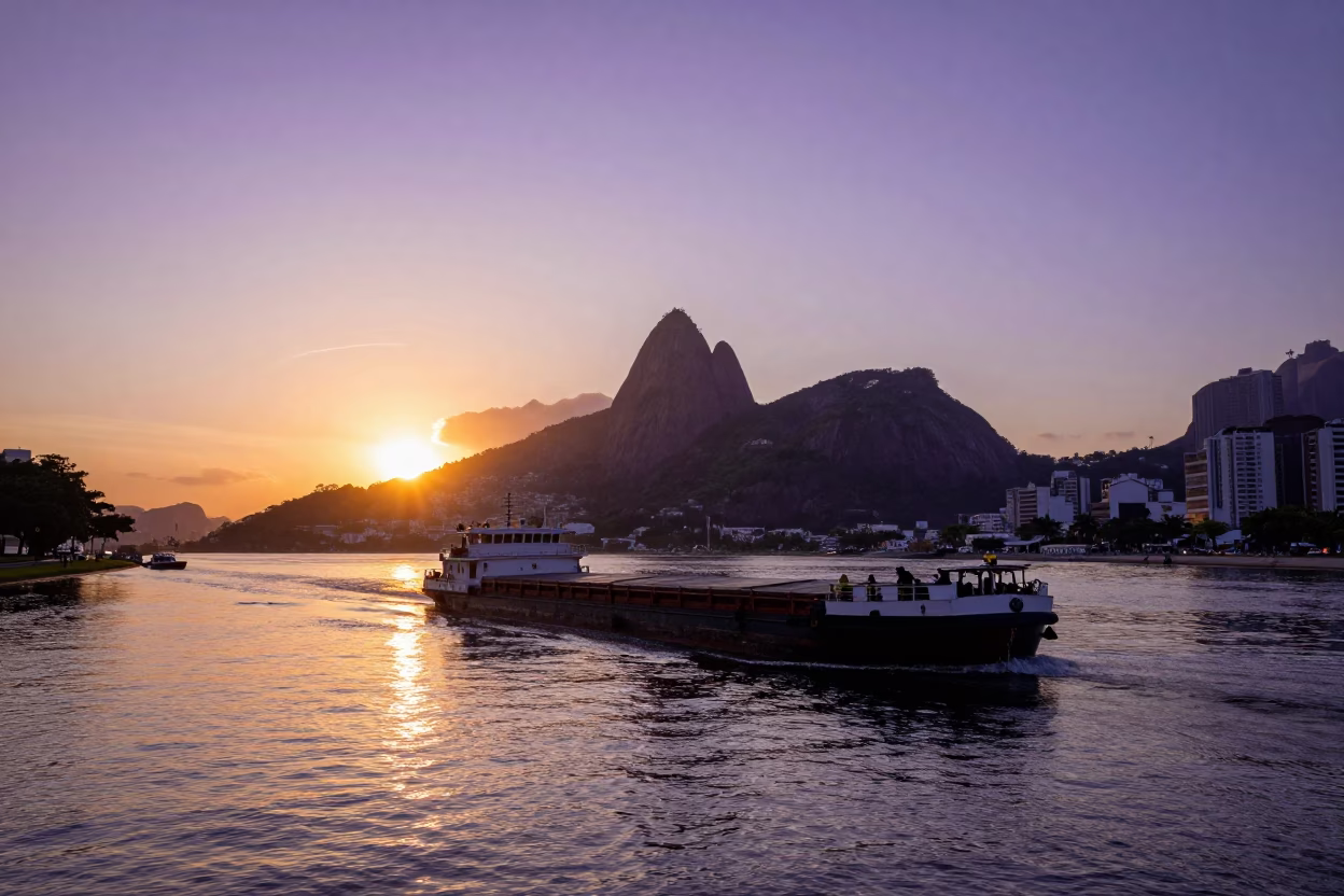 Rio de Janeiro Sunset Canal Barge Cargo Golden Hour Street Scene in in Rio de Janeiro, Brazil