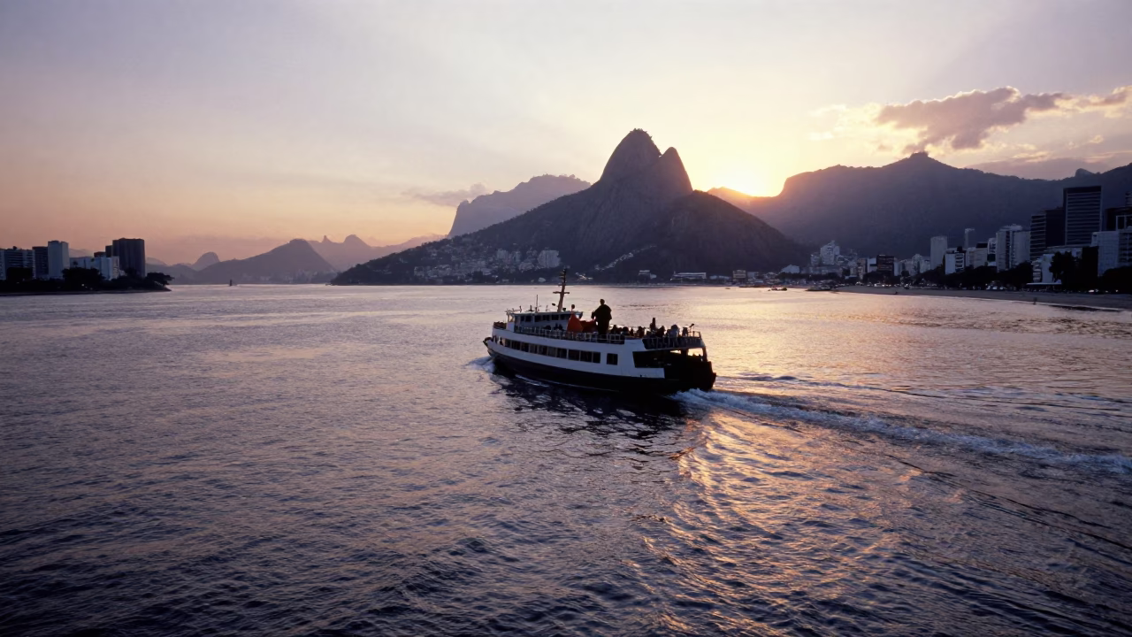 Rio de Janeiro Sunset Chain Ferry Crossing Guanabara Bay with City Skyline in in Rio de Janeiro, Brazil