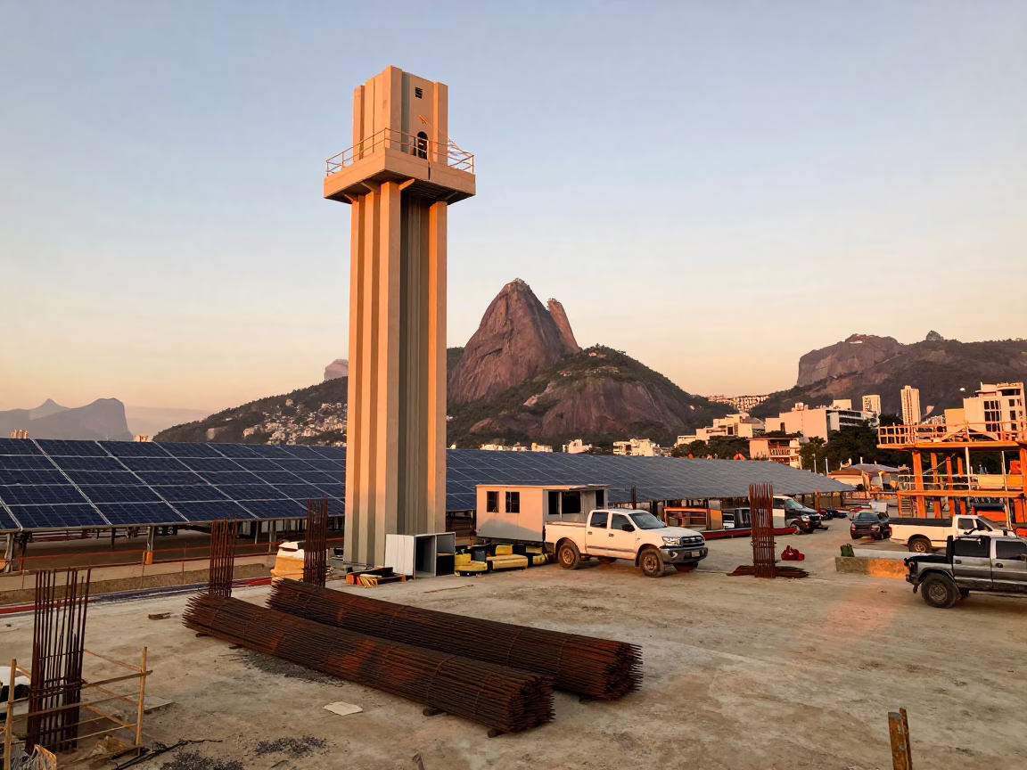 Rio de Janeiro Sunset Construction Site with Solar Array and Urban Landscape in in Rio de Janeiro, Brazil