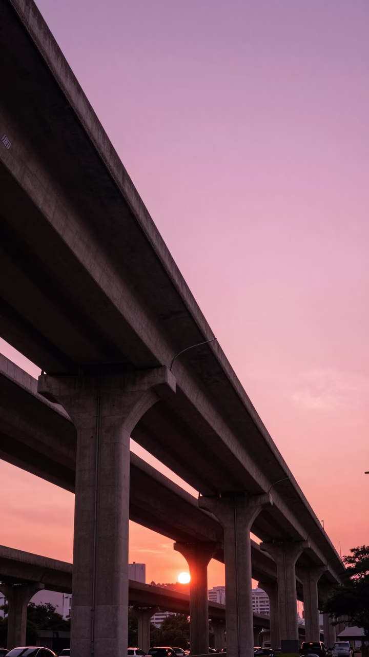 Rio de Janeiro Sunset Highway Flyover Stack Against Pink Evening Sky at Dusk in in Rio de Janeiro, Brazil