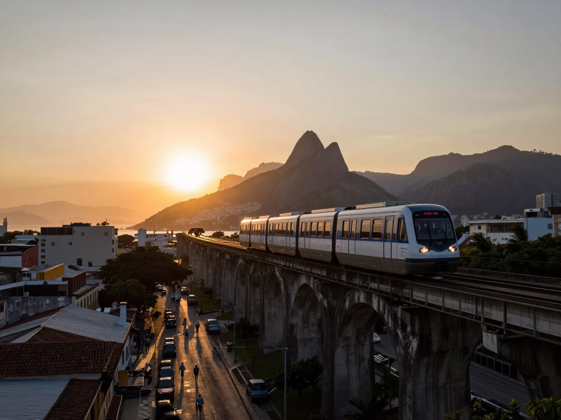 Rio de Janeiro Sunset Monorail Over Lapa Arches and Street Life in in Rio de Janeiro, Brazil