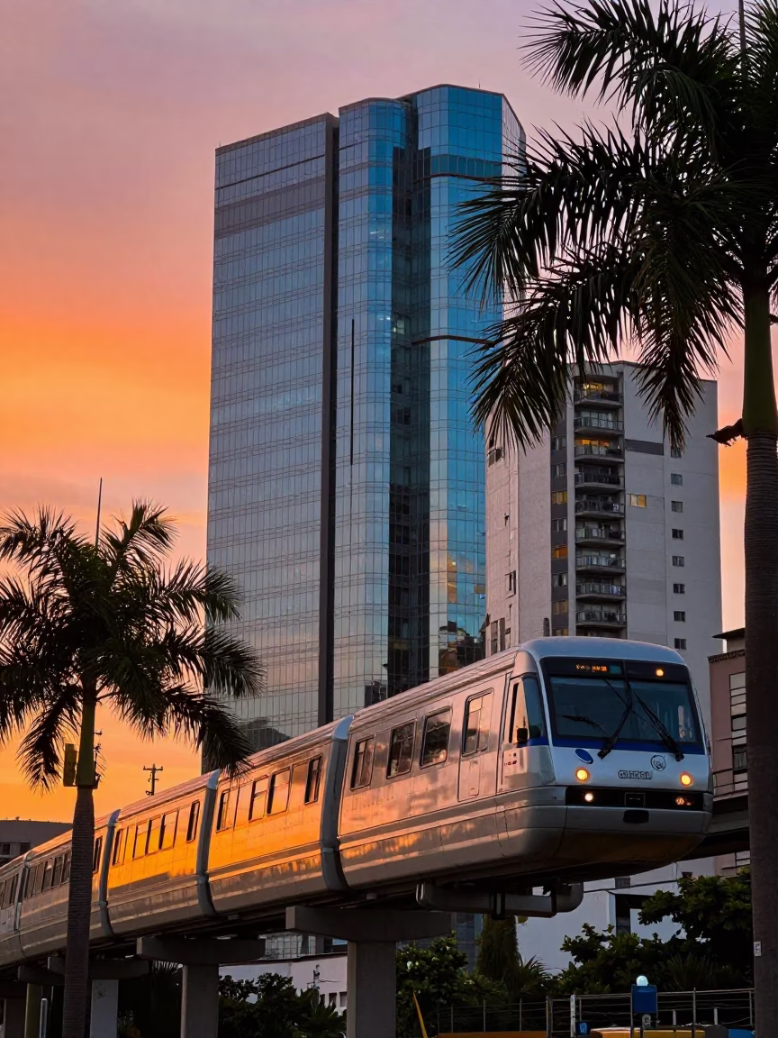 Rio de Janeiro Sunset Monorail Passing Palm Trees and Glass Towers at Dusk in in Rio de Janeiro, Brazil