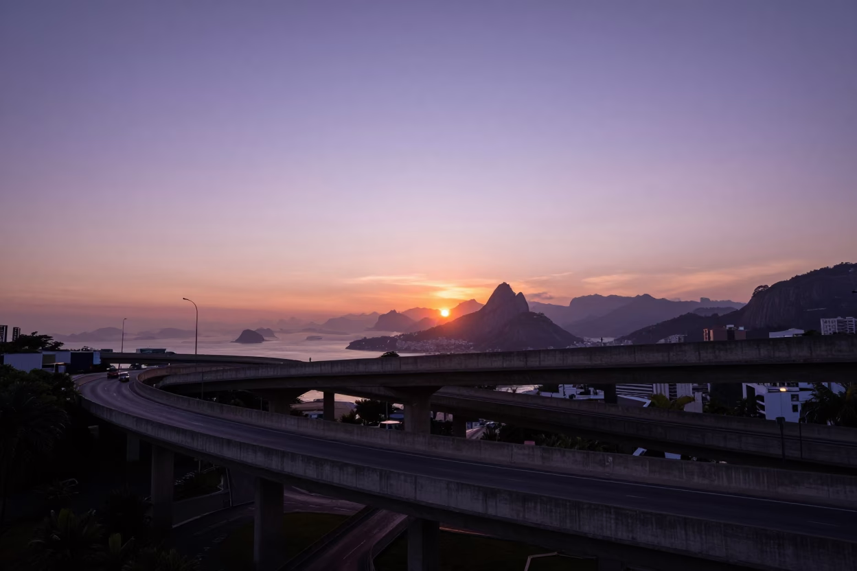 Rio de Janeiro Sunset Overpass Interchange Ramp Slicing Violet Evening Sky in in Rio de Janeiro, Brazil