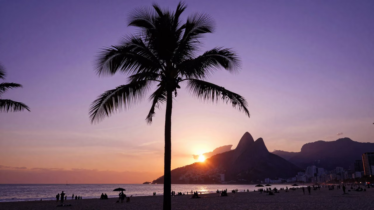Rio de Janeiro Sunset Palm Tree Silhouette Copacabana Beach Candid Moment in in Rio de Janeiro, Brazil