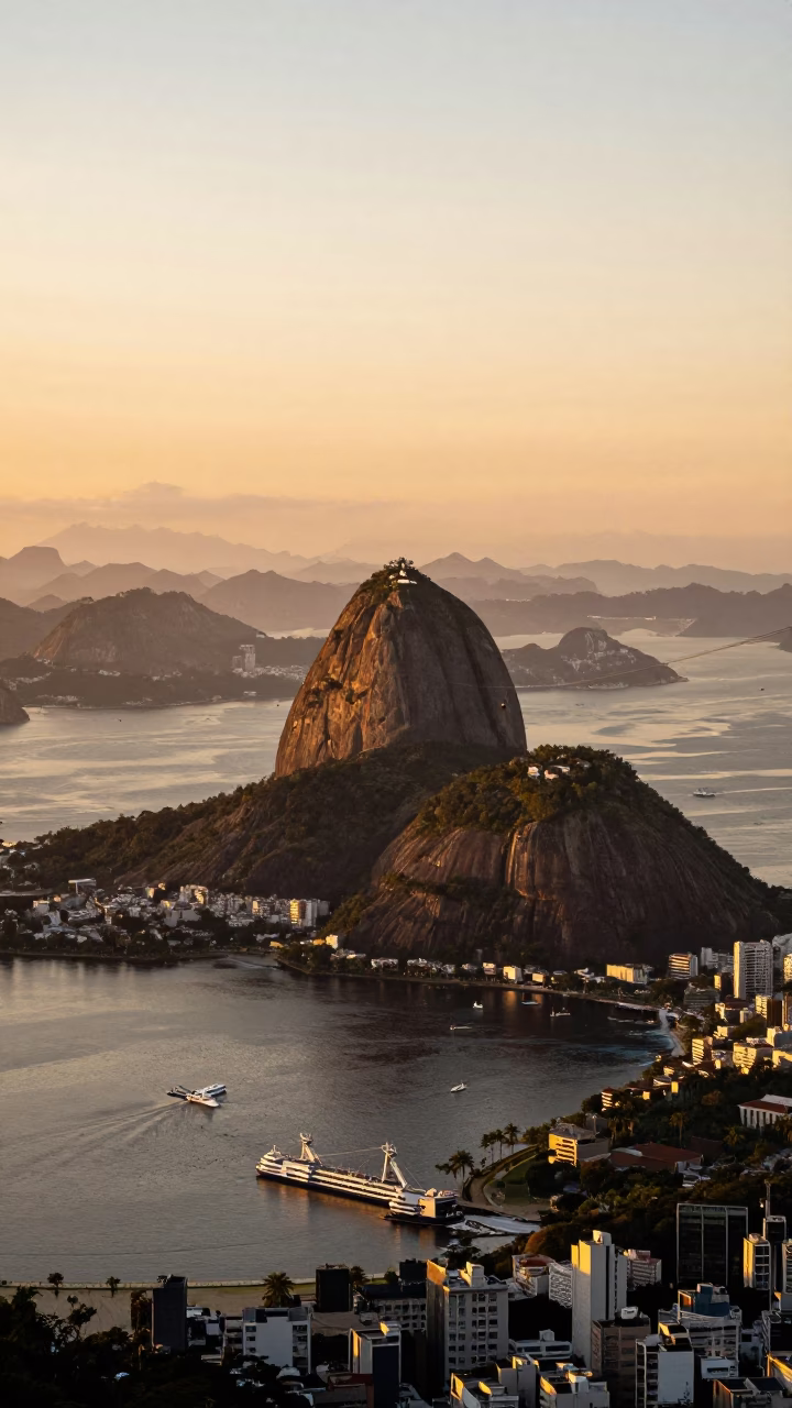 Rio de Janeiro Sunset Panorama with Sugarloaf Mountain and Chain Ferry Crossing Guanabara Bay in in Rio de Janeiro, Brazil