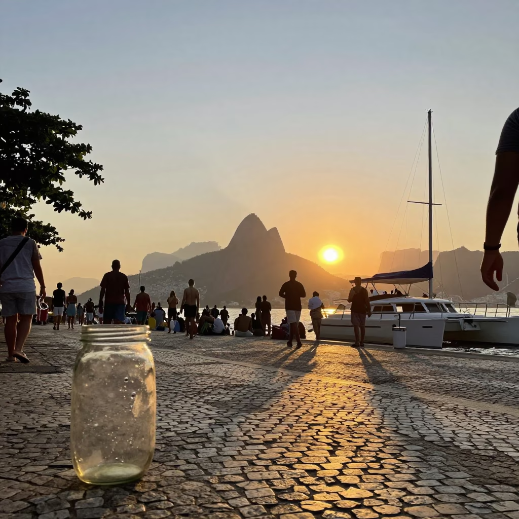 Rio de Janeiro Sunset Street Scene with Catamaran and Glass Jar in in Rio de Janeiro, Brazil