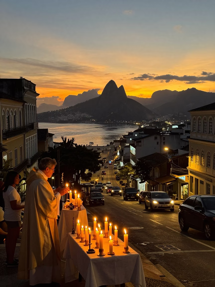 Rio de Janeiro Sunset Street Scene with Catholic Easter Vigil Candlelight and Urban Life in in Rio de Janeiro, Brazil