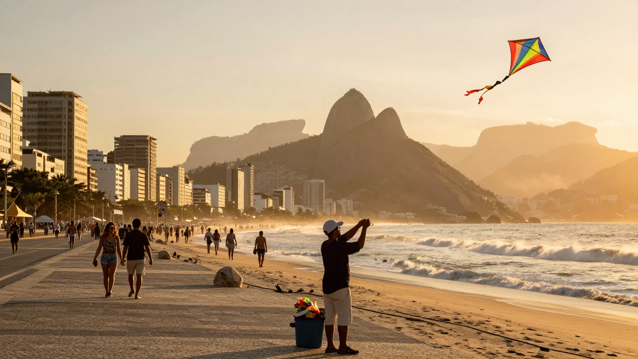 Rio de Janeiro Sunset Street Scene with Colorful Kites and Coastal Life in in Rio de Janeiro, Brazil
