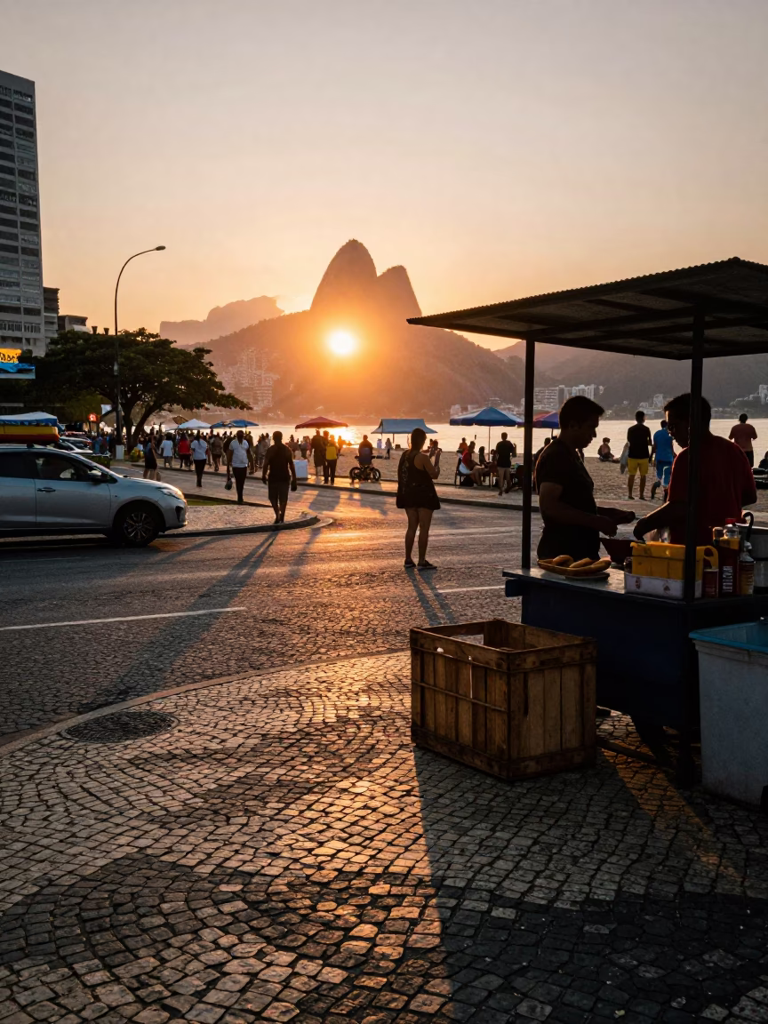 Rio de Janeiro Sunset Street Scene with Crate and Local Market Activity in in Rio de Janeiro, Brazil