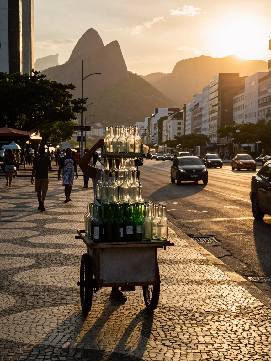 Rio de Janeiro Sunset Street Scene with Glass Bottles and Urban Life in in Rio de Janeiro, Brazil