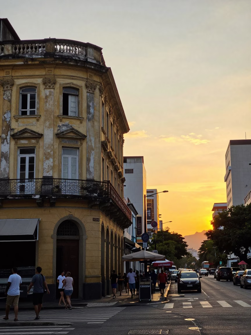 Rio de Janeiro Sunset Street Scene with Local Commerce and Urban Life in in Rio de Janeiro, Brazil