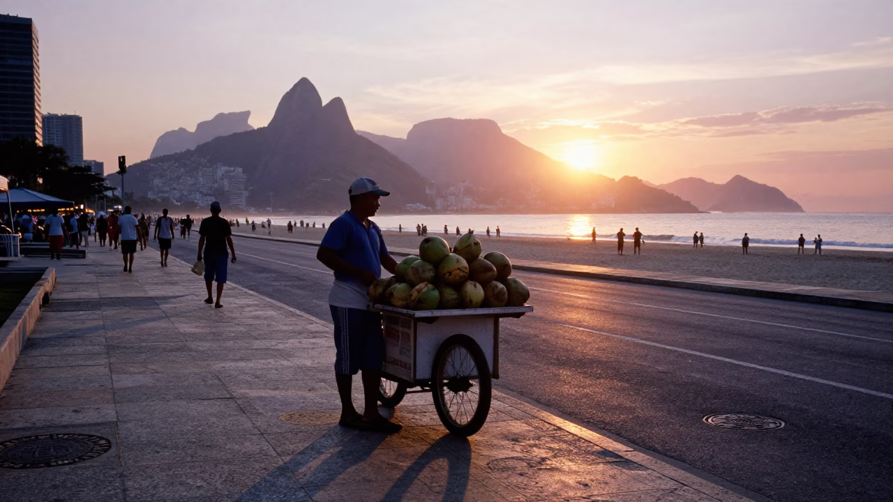 Rio de Janeiro Sunset Street Scene with Local Vendor and Cobalt Twilight Sky in in Rio de Janeiro, Brazil