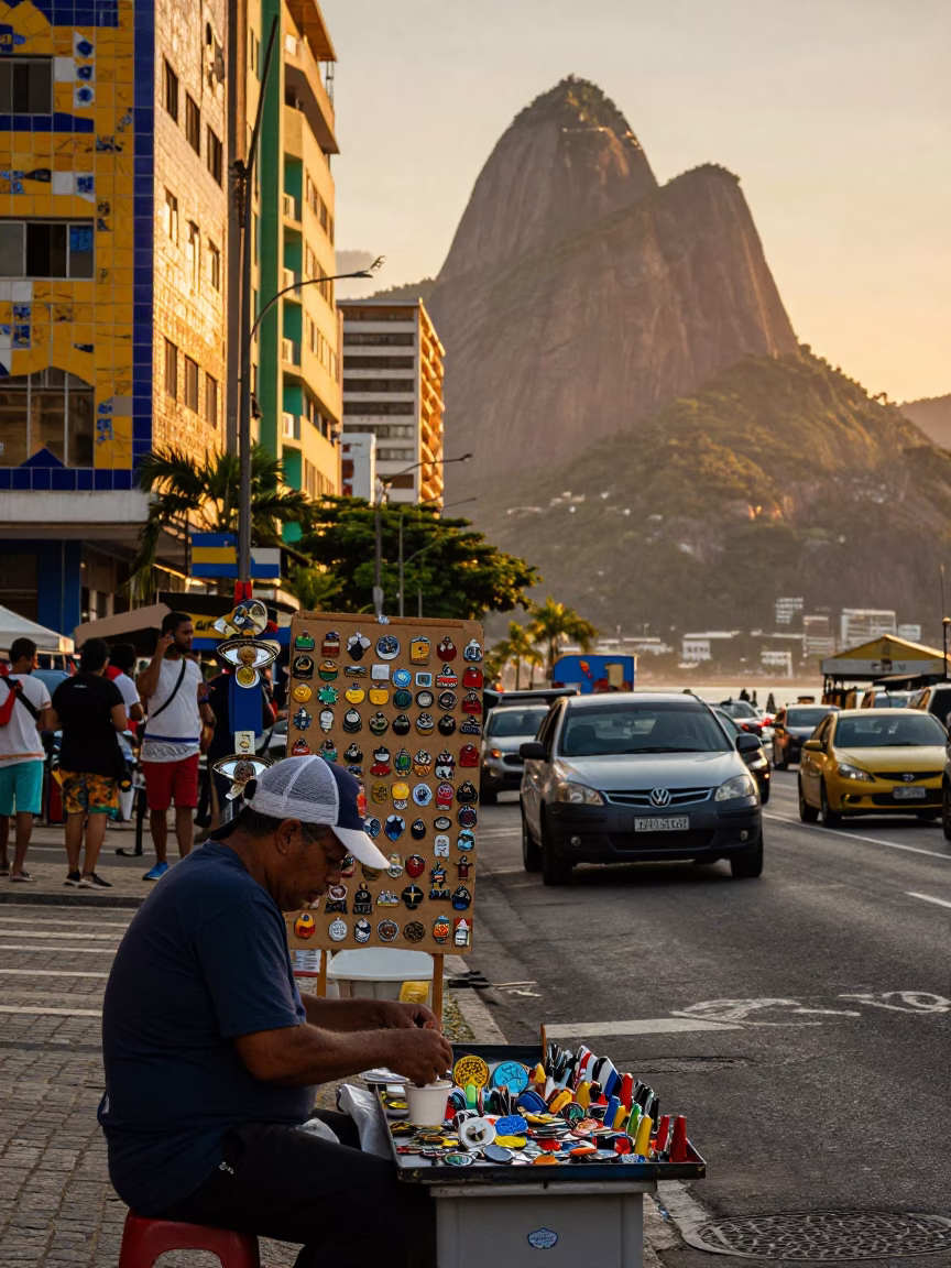 Rio de Janeiro Sunset Street Scene with Local Vendor and Enamel Bowls in in Rio de Janeiro, Brazil