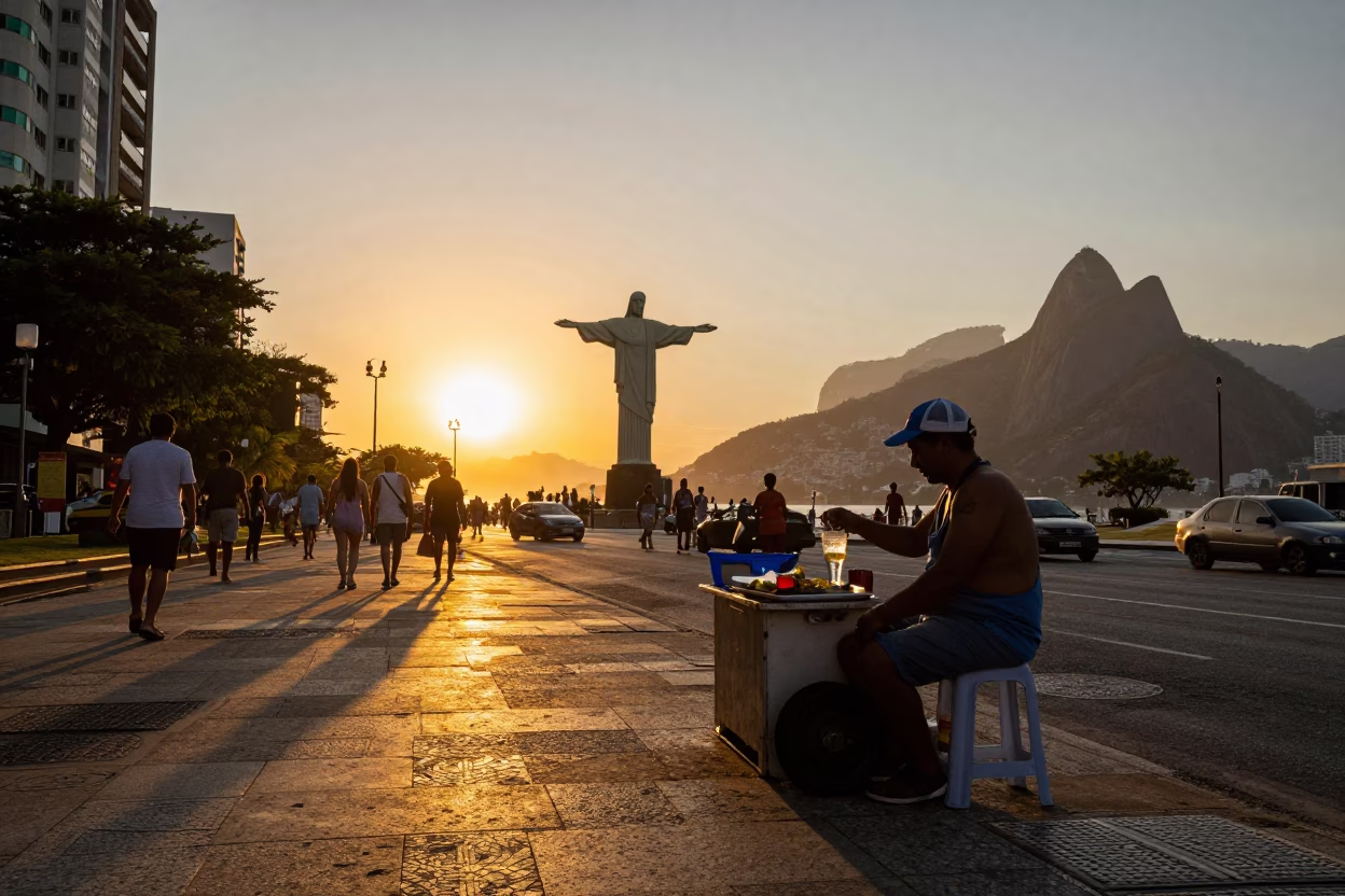 Rio de Janeiro Sunset Street Scene with Local Vendor and Glass Jar in in Rio de Janeiro, Brazil