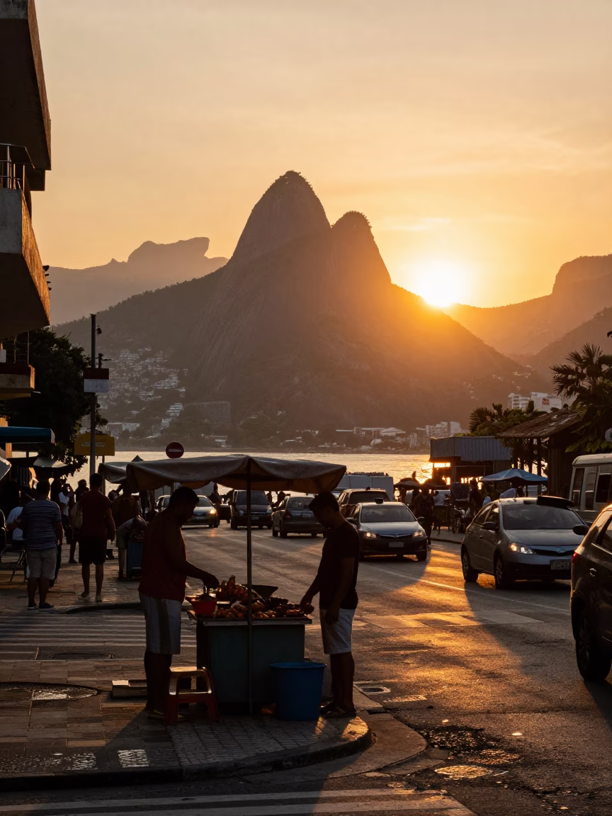 Rio de Janeiro Sunset Street Scene with Local Vendor and Urban Details in in Rio de Janeiro, Brazil