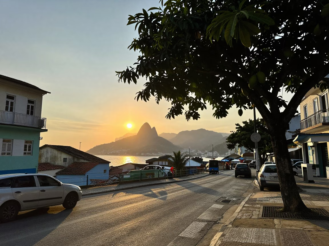 Rio de Janeiro Sunset Street Scene with Mango Tree and Local Vendor in in Rio de Janeiro, Brazil