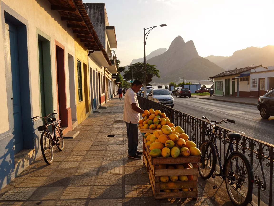 Rio de Janeiro Sunset Street Scene with Mangoes and Vintage Bicycle in in Rio de Janeiro, Brazil