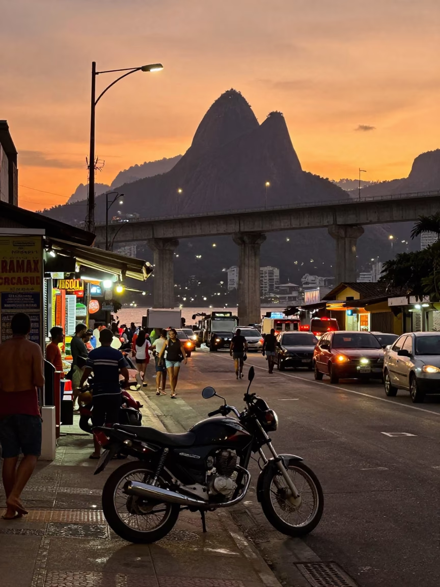Rio de Janeiro Sunset Street Scene with Motorcycle and Concrete Viaduct in in Rio de Janeiro, Brazil