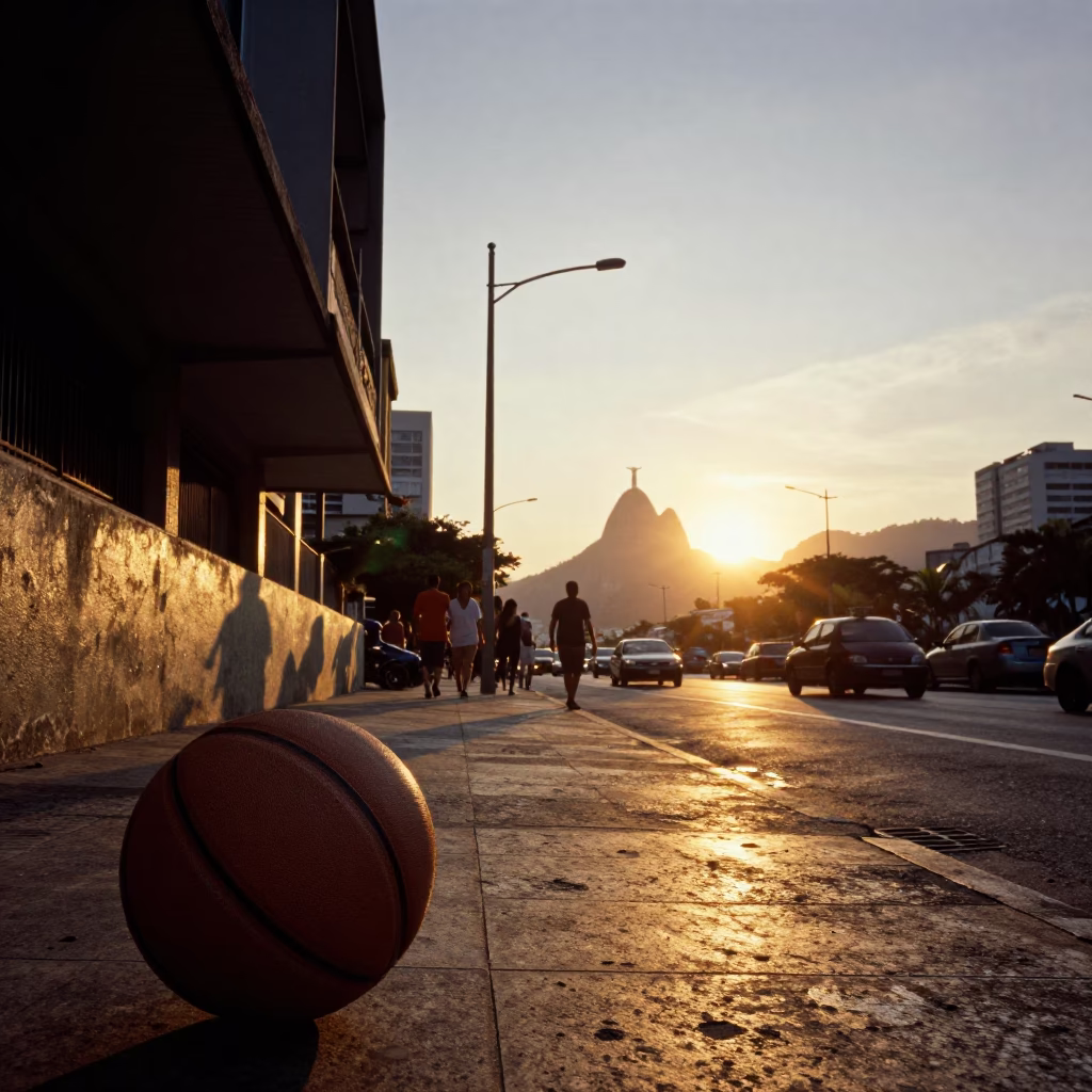 Rio de Janeiro Sunset Street Scene with Old Leather Basketball and Pastries in in Rio de Janeiro, Brazil