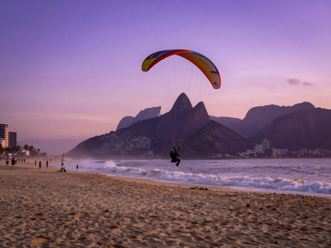 Rio de Janeiro Sunset Street Scene with Paramotor and Coastal Sand Dunes in in Rio de Janeiro, Brazil