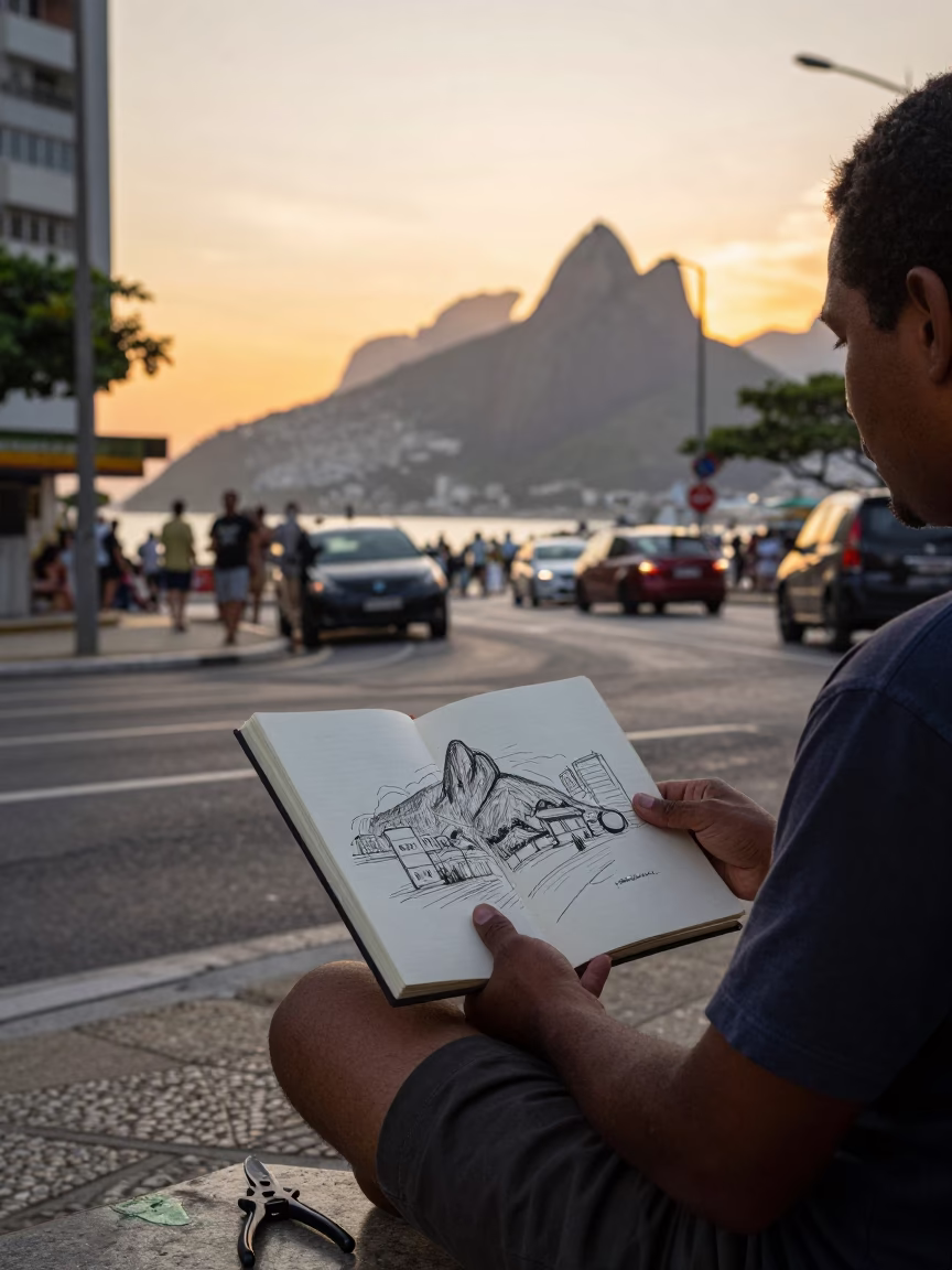 Rio de Janeiro Sunset Street Scene with Sketchbook and Garden Shears in in Rio de Janeiro, Brazil