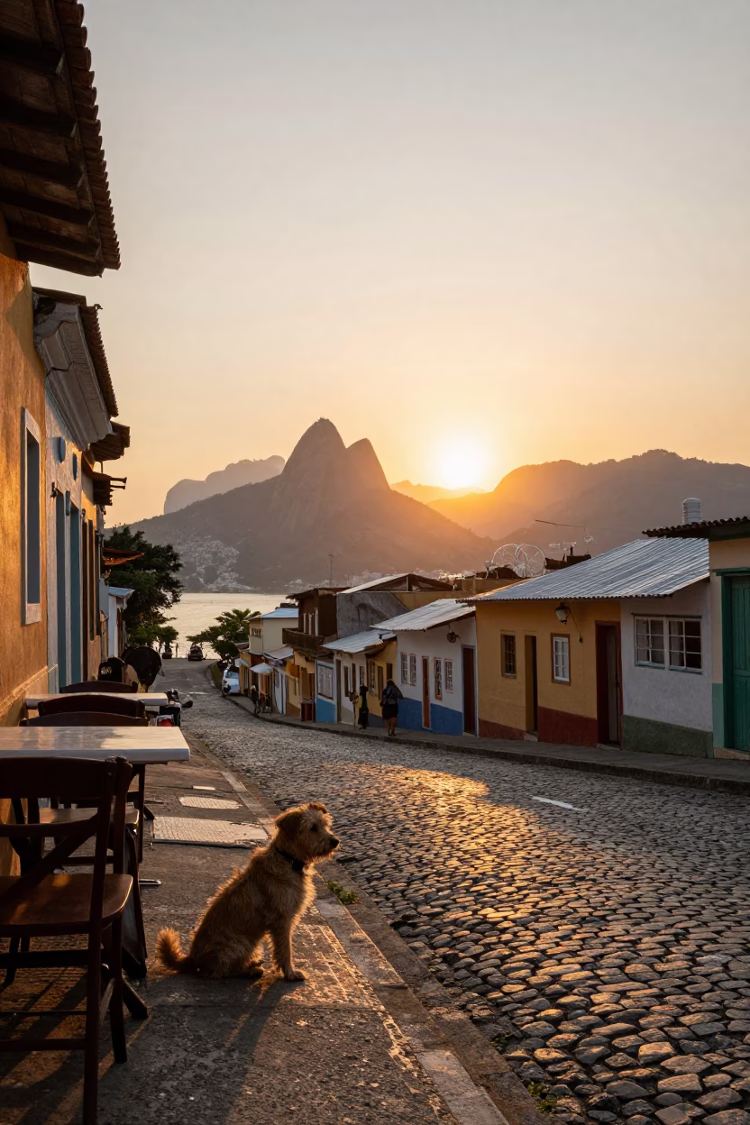 Rio de Janeiro Sunset Street Scene with Small Dog and Drying Towels in in Rio de Janeiro, Brazil