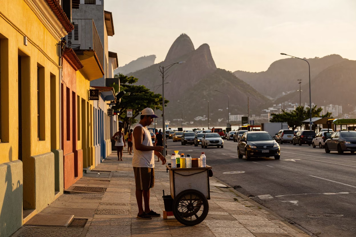 Rio de Janeiro Sunset Street Scene with Tiffin Tin and Drinking Vessel in in Rio de Janeiro, Brazil