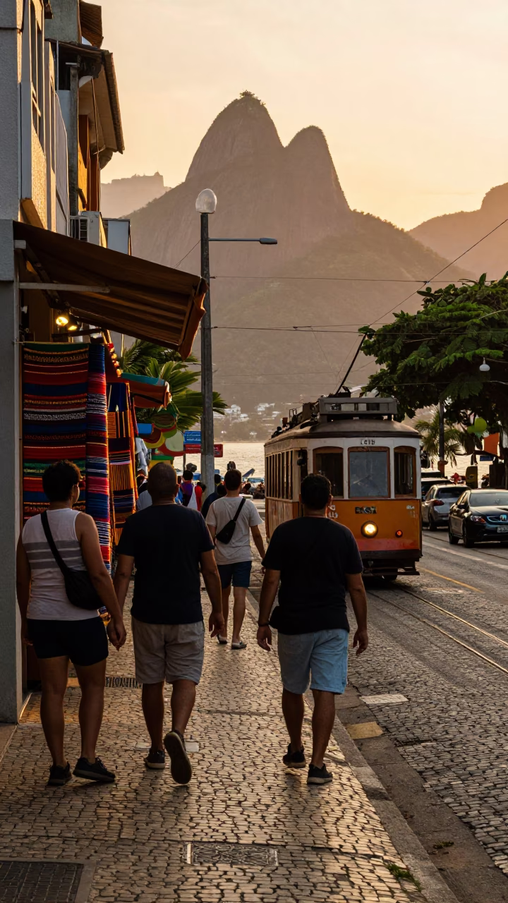 Rio de Janeiro Sunset Street Scene with Tram and Pedestrians in in Rio de Janeiro, Brazil