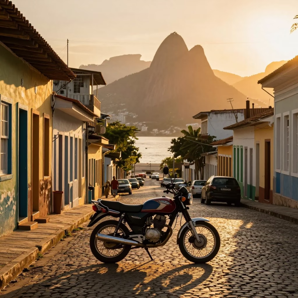 Rio de Janeiro Sunset Street Scene with Vintage Motorcycle and Local Life in in Rio de Janeiro, Brazil