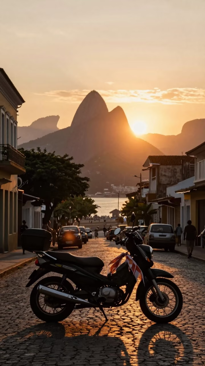 Rio de Janeiro Sunset Street Scene with Vintage Motorcycle and Scarf in in Rio de Janeiro, Brazil