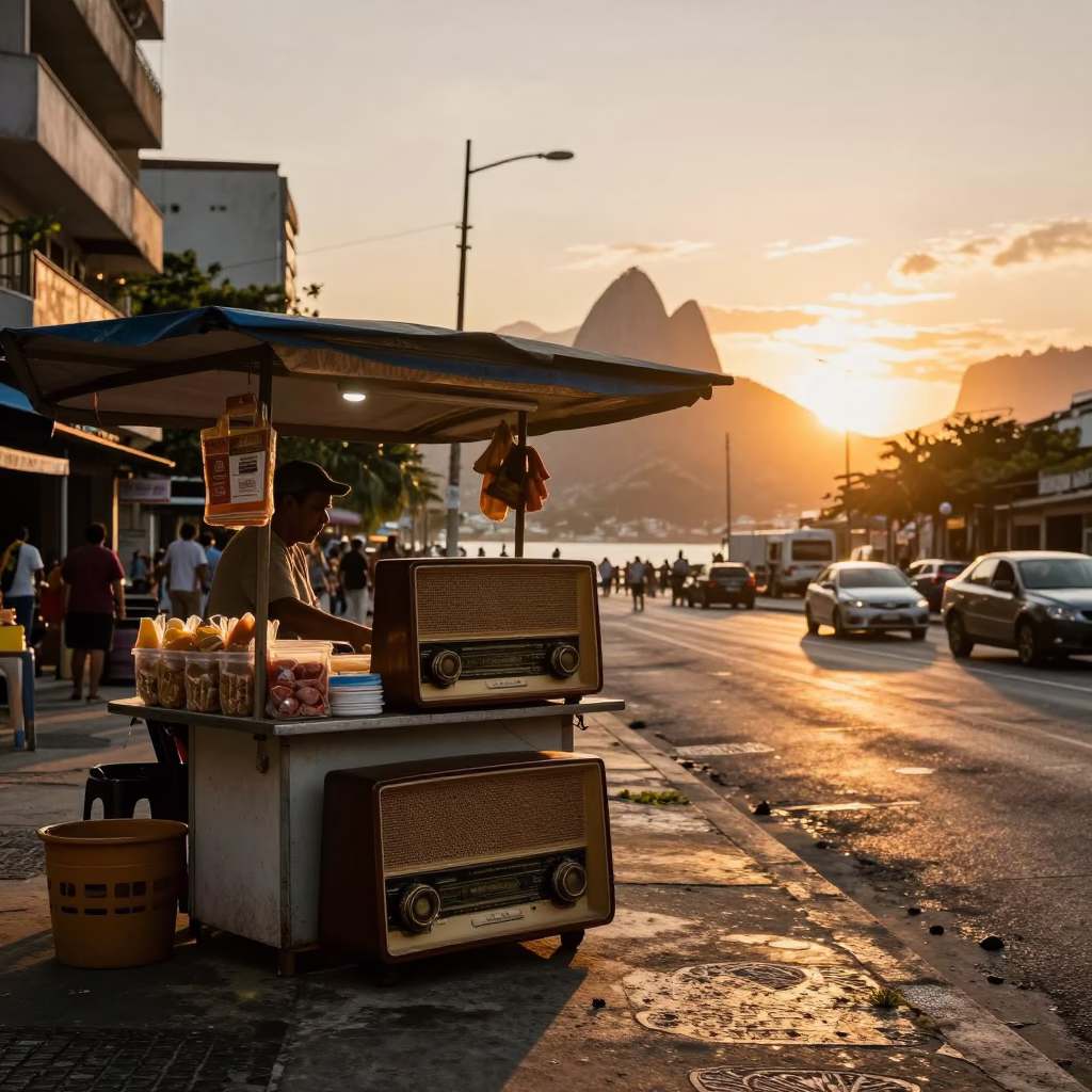 Rio de Janeiro Sunset Street Scene with Vintage Radio and Local Life in in Rio de Janeiro, Brazil