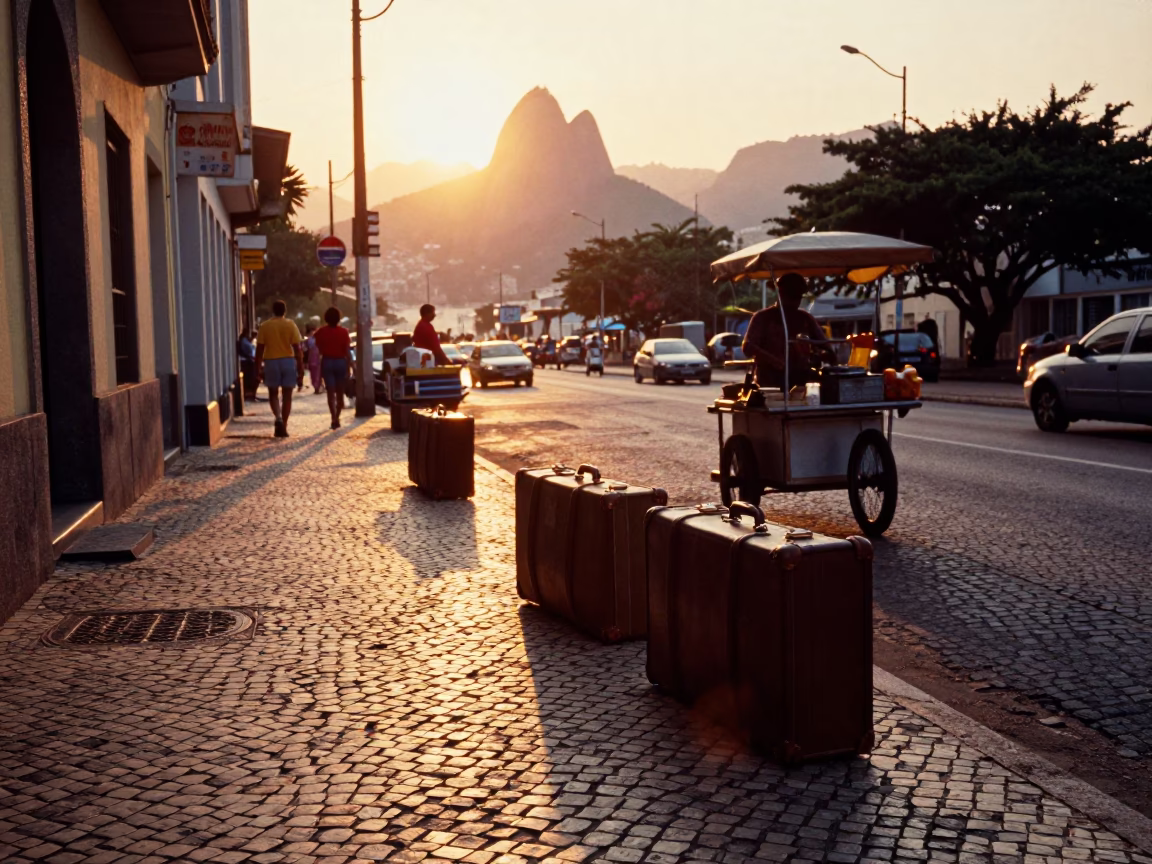 Rio de Janeiro Sunset Street Scene with Vintage Suitcases on Cobblestone in in Rio de Janeiro, Brazil