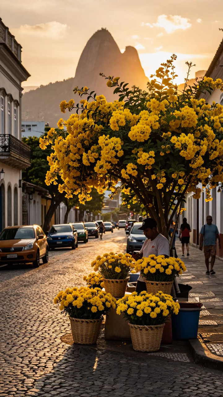 Rio de Janeiro Sunset Street Scene with Yellow Flowers and Traditional Architecture in in Rio de Janeiro, Brazil