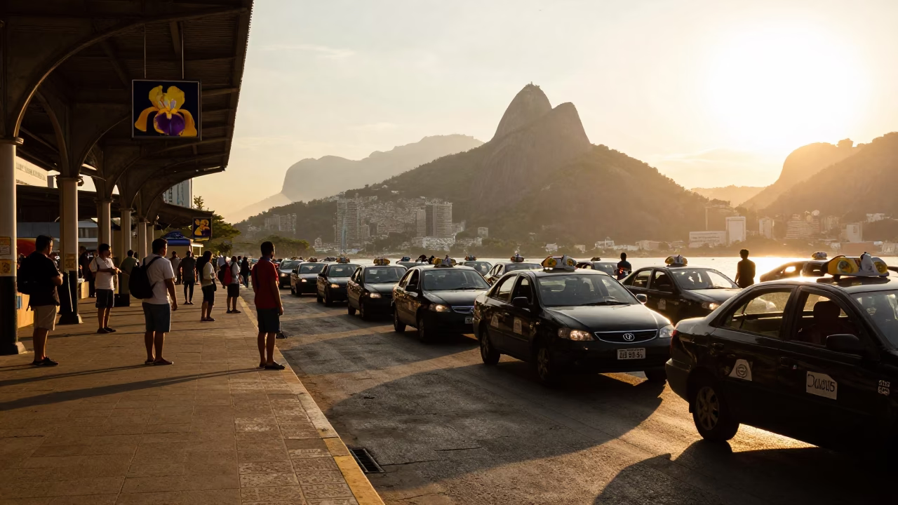 Rio de Janeiro Sunset Taxi Rank Outside Train Station with Iris Blossoms in in Rio de Janeiro, Brazil