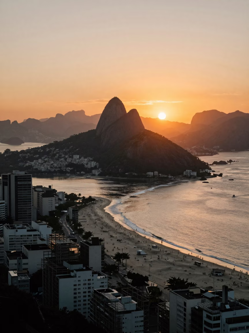 Rio de Janeiro Sunset View from Copacabana with Urban Scaffolding and Street Life in in Rio de Janeiro, Brazil