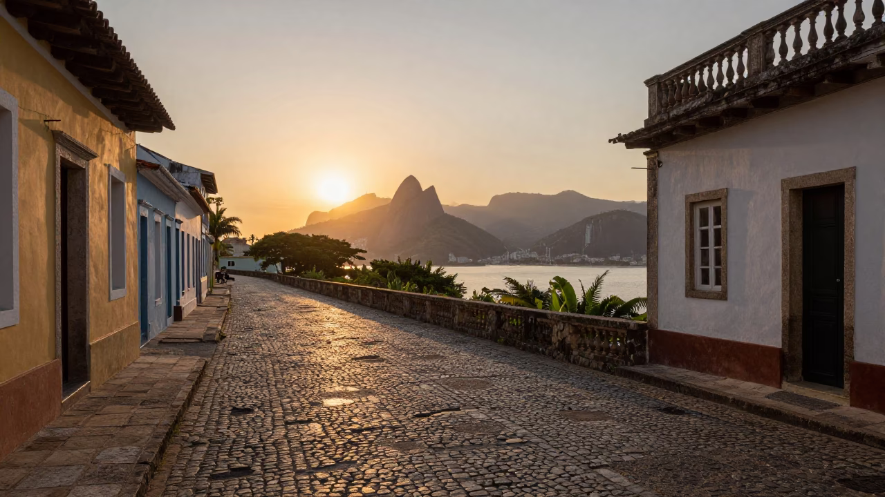 Rio de Janeiro sunset view from Santa Teresa stone walkway with historic architecture in in Rio de Janeiro, Brazil