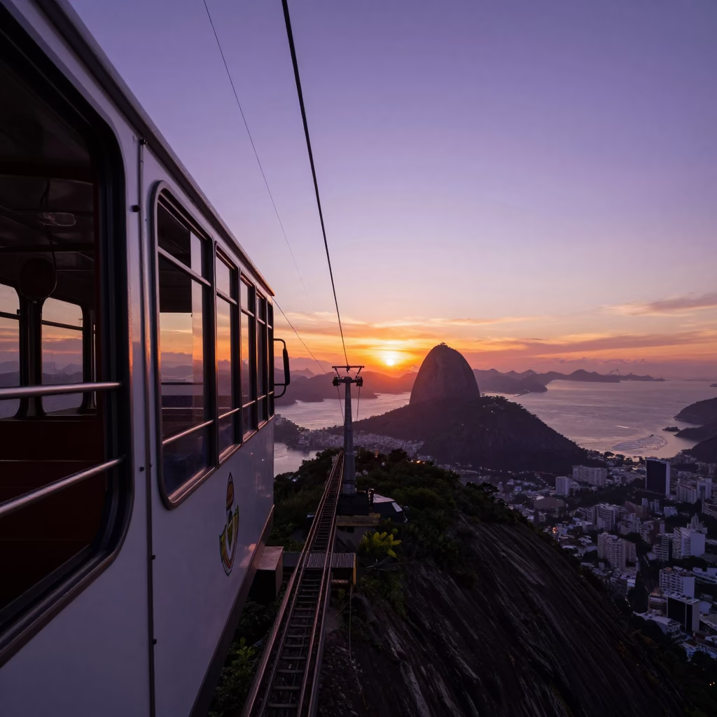 Rio de Janeiro Sunset View from Sugarloaf Mountain Cable Car with Turquoise Water Below in in Rio de Janeiro, Brazil